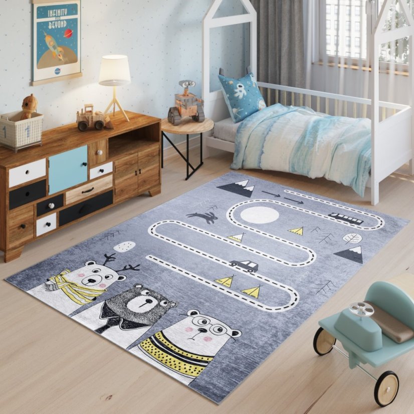 Kinderteppich mit Tier- und Straßenmotiv 