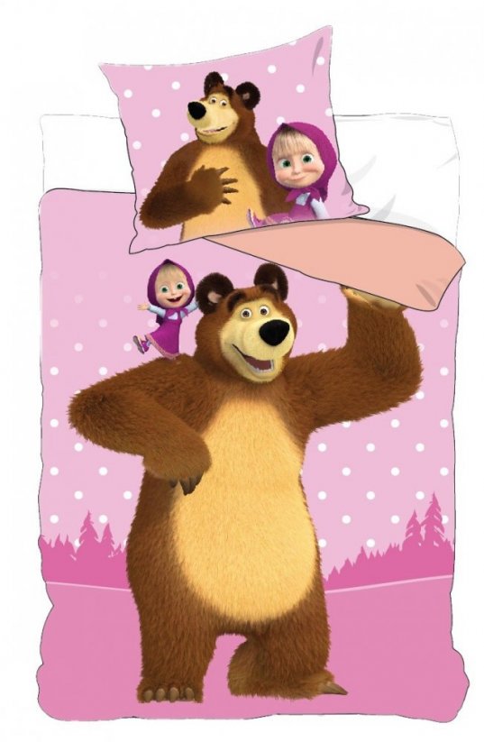 Ružové detské posteľné obliečky Máša a medveď