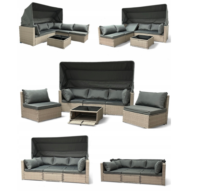 Béžové ratanové sedenie so slnečnou clonou - modulárne