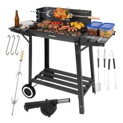 Grătar de grădină cu cărbune, scuipat, grătar superior și rafturi