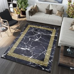 Covor trend negru cu model geometric auriu