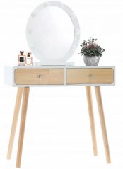 Bela lesena toaletna mizica z ogledalom LED in stolčkom