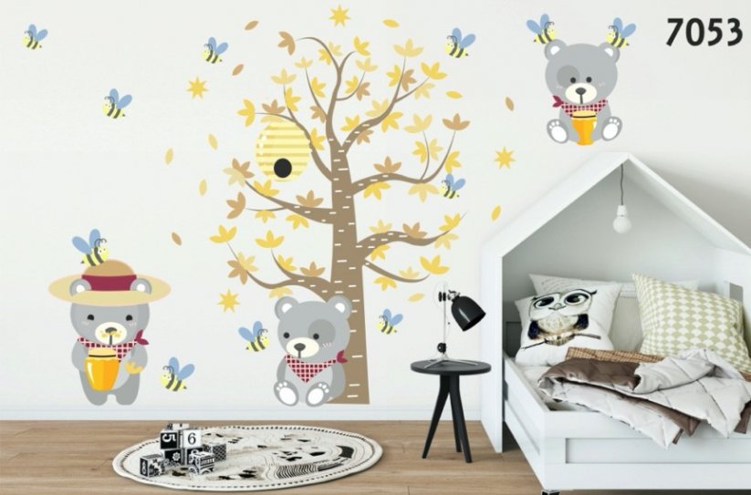 Adesivo da parete grande per bambini con orsi e vasetti miele - Misure: 100 x 200 cm