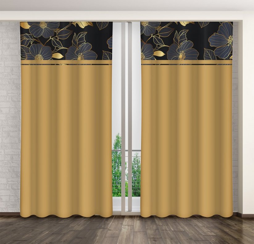 Klasszikus karamell-barna függöny arany virágokkal nyomtatva - Méret: Szélesség: 160 cm | Hossz: 250 cm