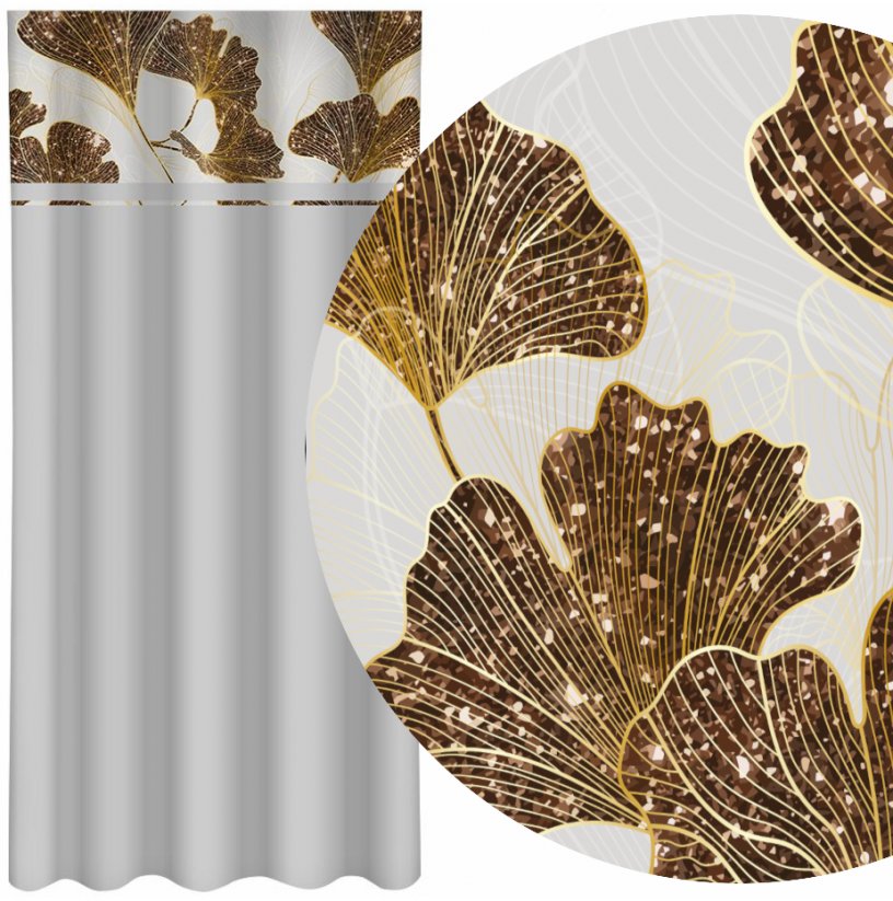 Klasična siva zavjesa s printom zlatnih listova ginka