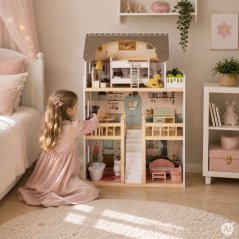 LAURA, casă de păpuși din lemn cu trei etaje, prevăzută cu mobilier
