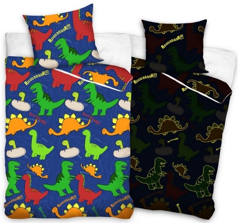 Farebná detská posteľná obliečka s dinosaurami žiariaca v tme