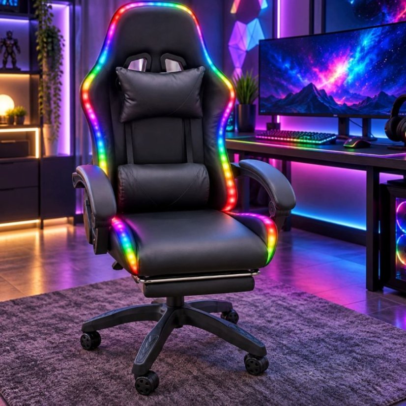 Igraća stolica s RGB LED rasvjetom, osloncem za noge i daljinskim upravljačem