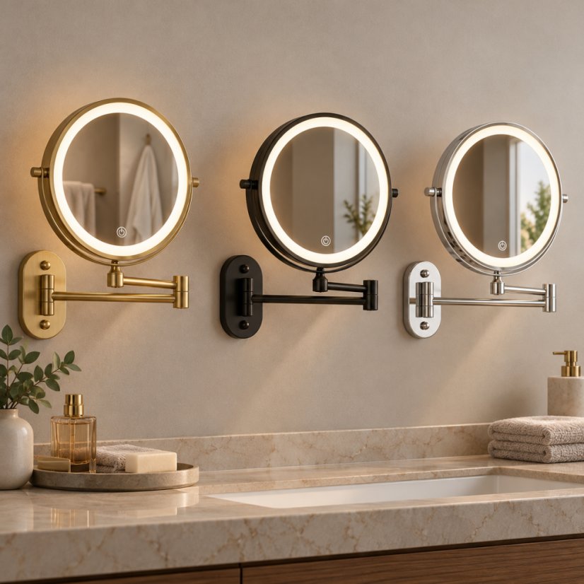 Oglindă de machiaj cu LED-uri, montată pe perete, cu braț extensibil