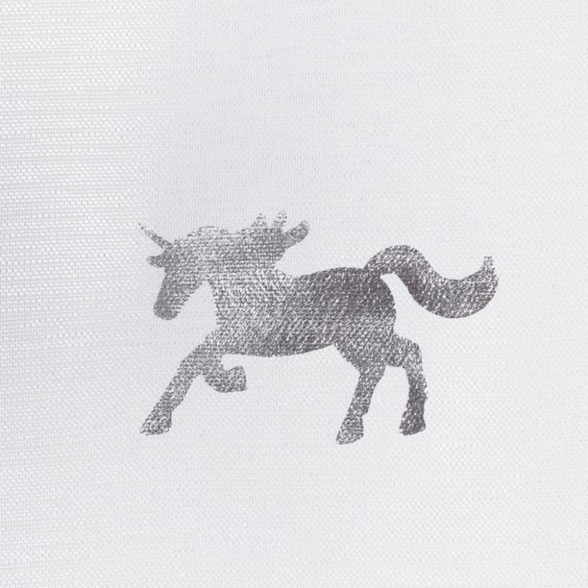 Draperie elegantă albă cu imprimeu unicorn argintiu