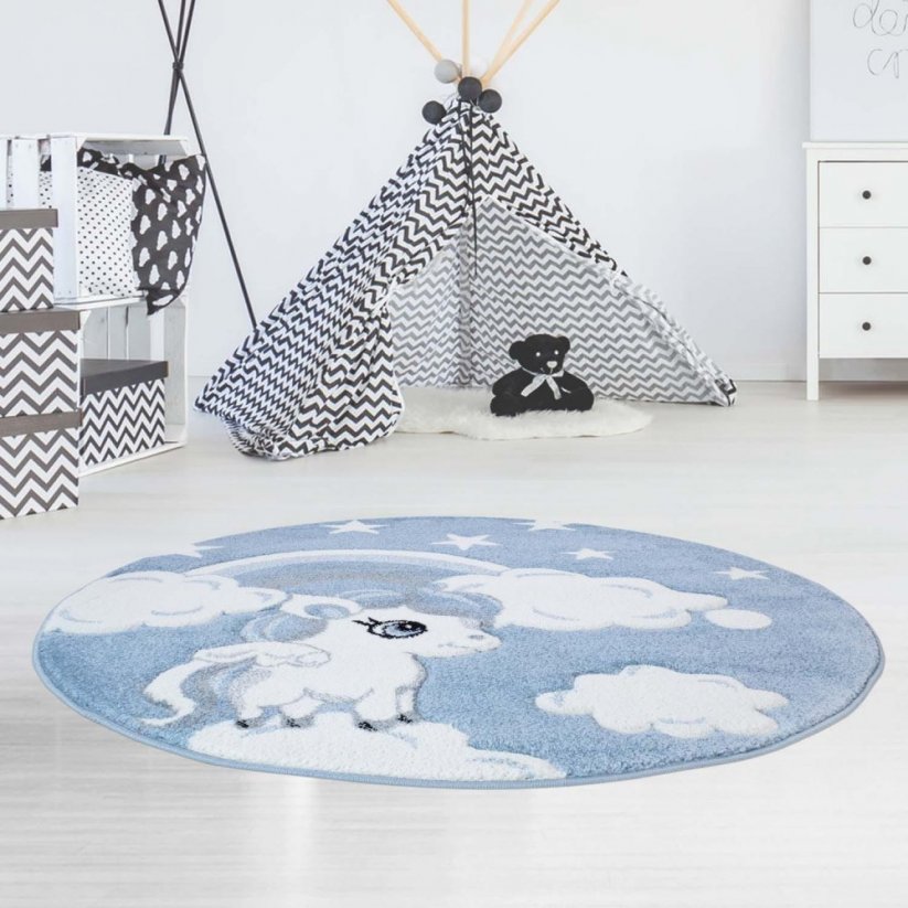 Modrý dětský pohádkový koberec s motivem jednorožce