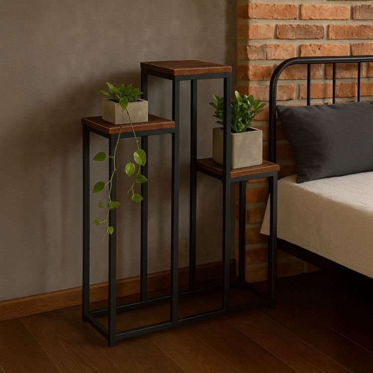 Suport pentru flori Loft - suport metalic pentru flori cu 3 rafturi și decor din lemn