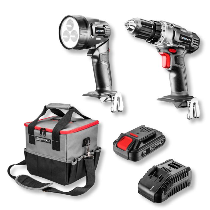 Set de unelte fără fir: burghiu/perforator, lanternă, geantă, baterie Energy+ 18V, Li-Ion 2.0Ah, 58G016 GRAPHITE încărcător