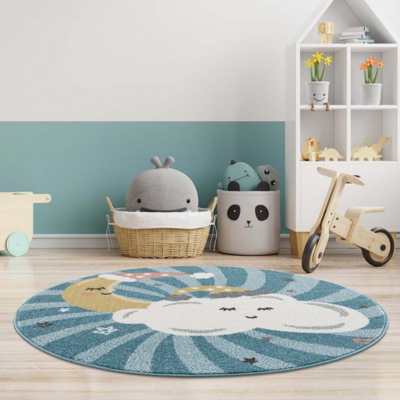 Син кръгъл килим подходящ за детска стая Спящо небе