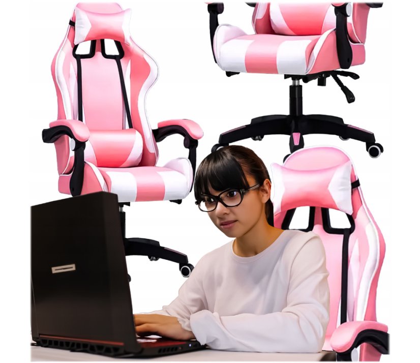 Růžové herní křeslo s polštářem a opěrkou na nohy