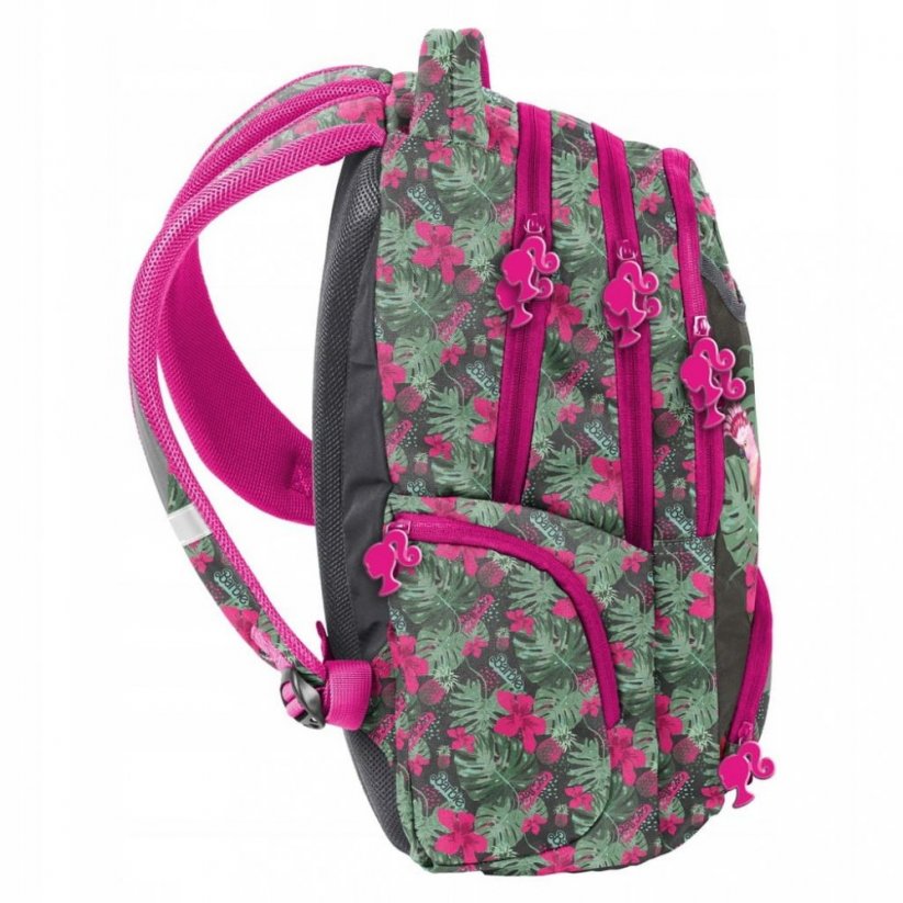 Красива зелено-розова ученическа раница с моливник и чанта