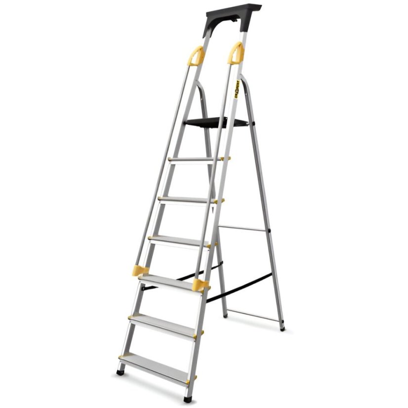 Hliníkový rebrík so 7 schodíkmi, zábradlím a nosnosťou 150 kg