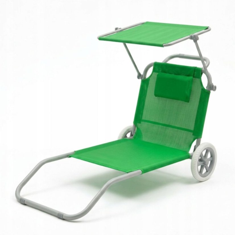 Plážové ležadlo 2v1 s kolieskami a strieškou – skladacie lehátko s vozíkom a vankúšom