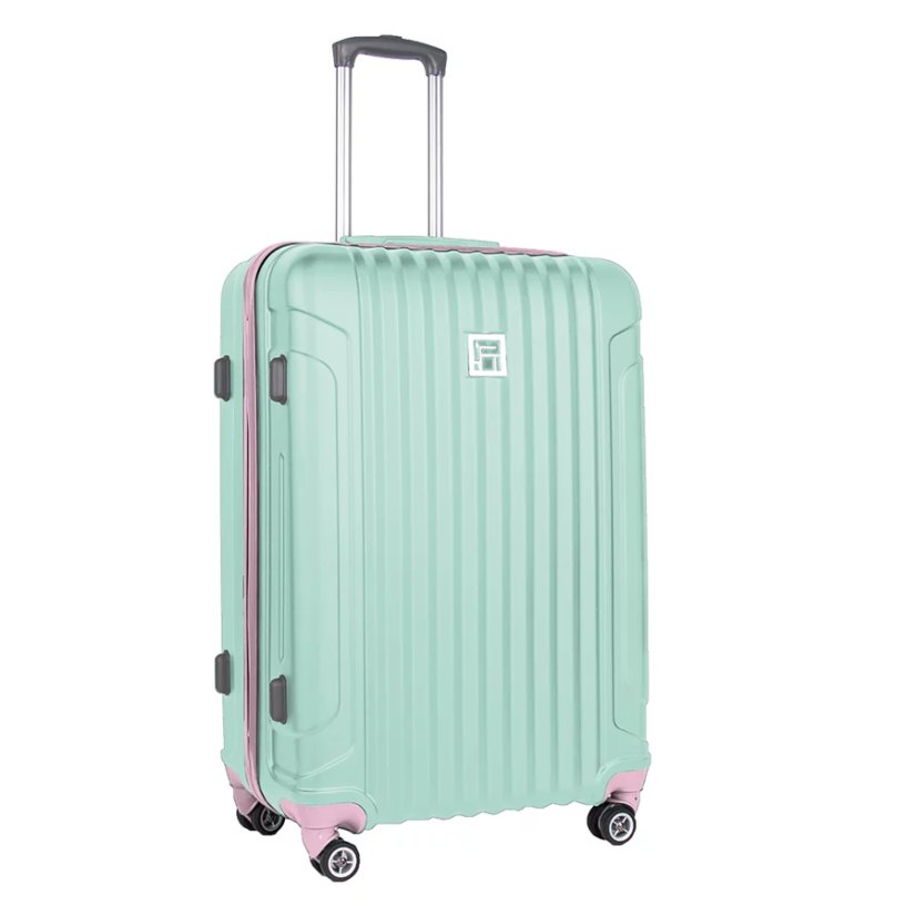 Grande valigia da viaggio verde con dettagli rosa