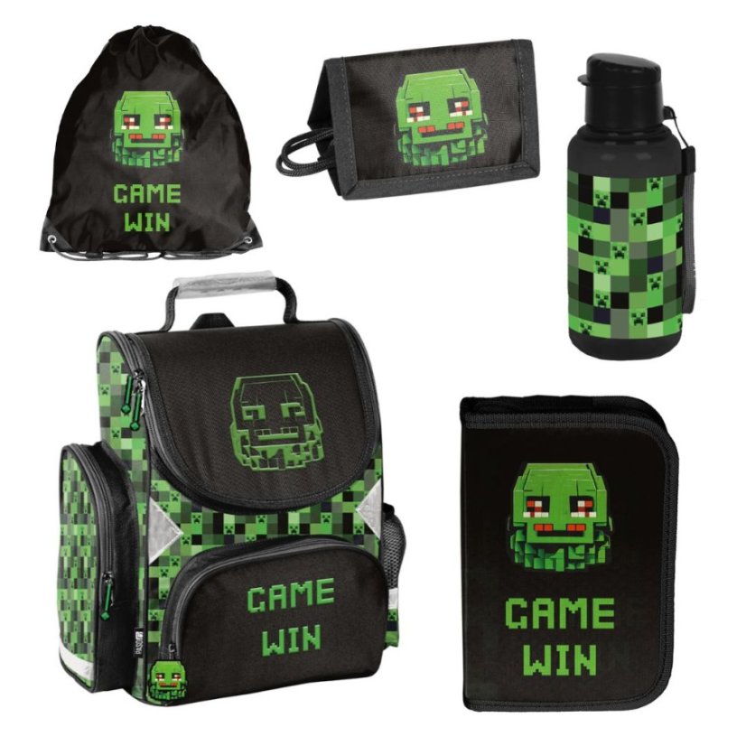 Školski set Minecraft Pixel Mask od 5 dijelova - školska torba, pernica, vrećica, boca za vodu i novčanik