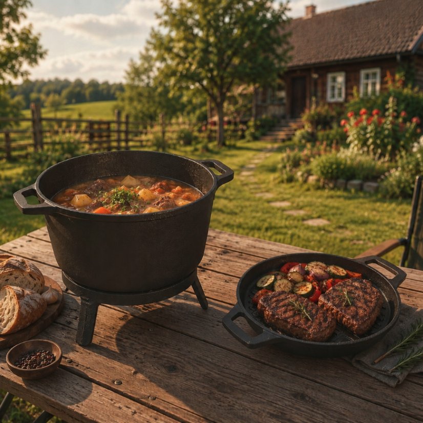 3 az 1-ben öntöttvas bogrács – vadászbogrács, serpenyő és állvány szabadtéri tűzön történő főzéshez