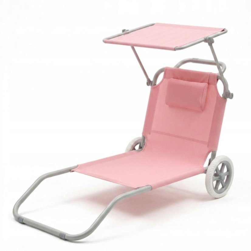 Plážové ležadlo 2v1 s kolieskami a strieškou – skladacie lehátko s vozíkom a vankúšom