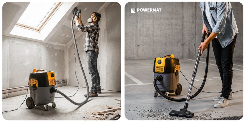 Priemyselný vysávač 1600 W bezvreckový 30 l s HEPA filtrom a zásuvkou na náradie Powermat PM-OD-1600T-PRO