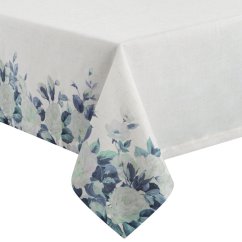 Tischtuch aus Leinen mit Blumenmotiv in blauen Farben