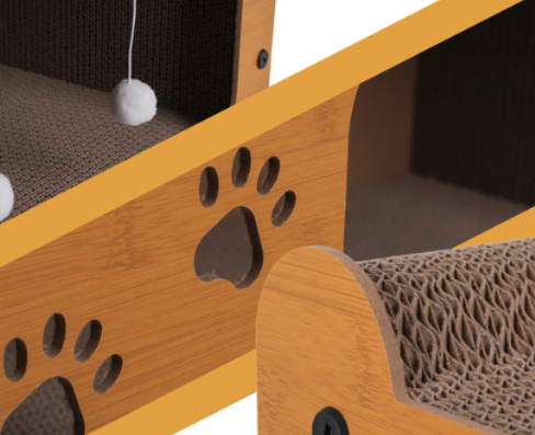 Macska kaparófa házzal, elegáns fa dekorációban