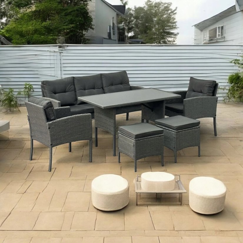 Sivá ratanová súprava - pohovka - kreslá a taburetky