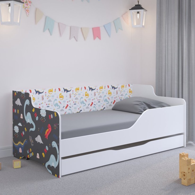 LILU Fehér gyerekágy háttámlával 160 x 80 cm - Dinoszauruszok