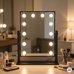 Oglindă de machiaj cu LED-uri, în stilul Hollywood, de culoare neagră, cu comenzi tactile – 30 x 40 cm