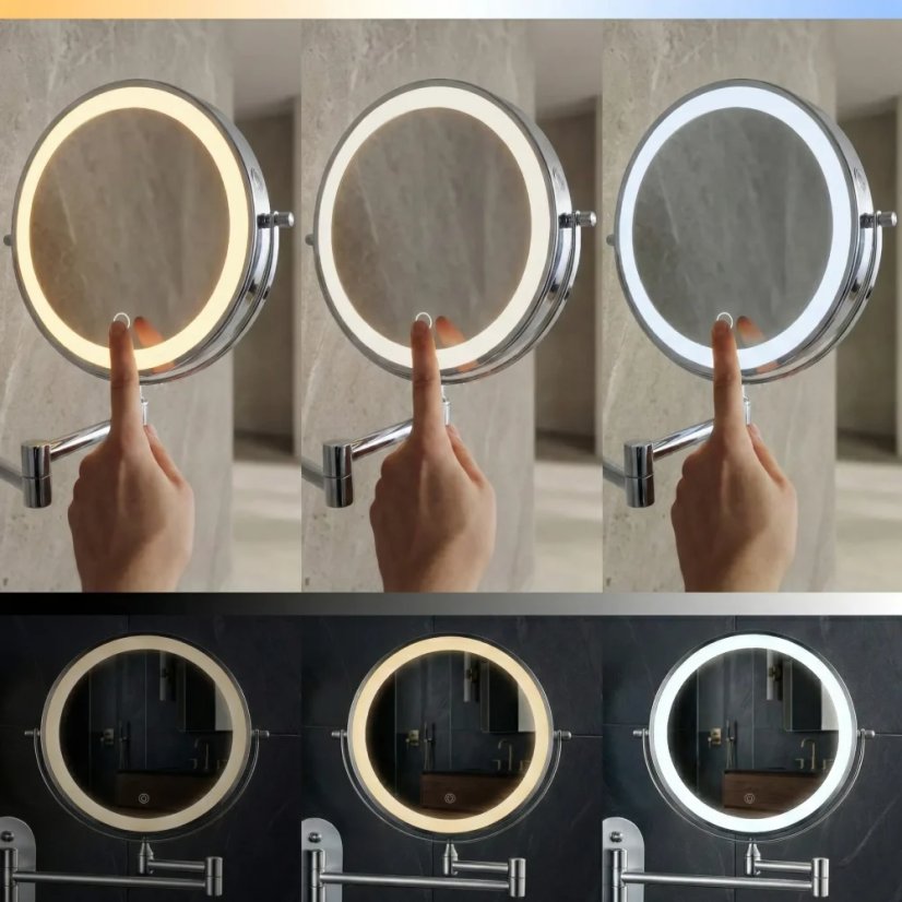 Oglindă de machiaj cu LED-uri, montată pe perete, cu braț extensibil