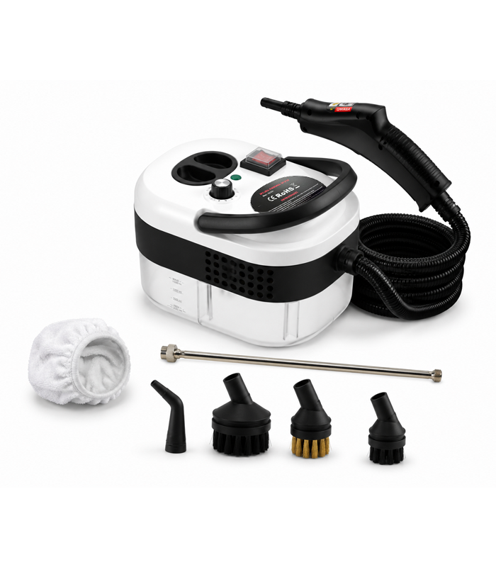 Aparat de curățat cu abur alb-negru de 2500 W pentru bucătărie, baie, geamuri și tapițerie, cu accesorii