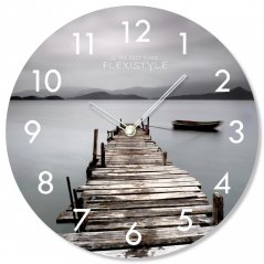Okrogla steklena ura z motivom lesenega pomola, 30 cm