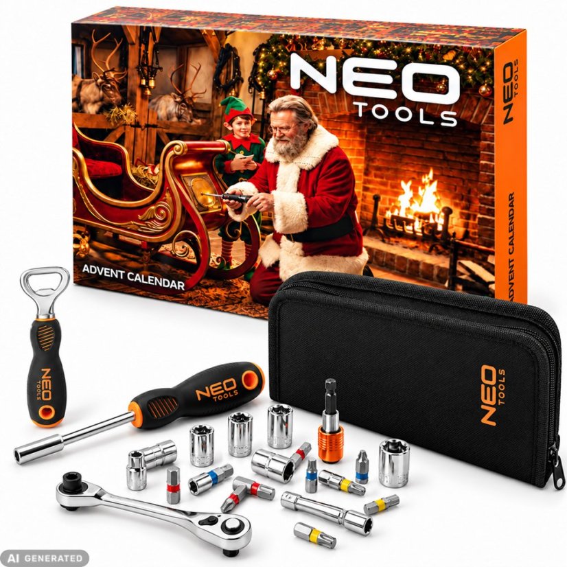 Adventný kalendár s náradím NEO TOOLS – 38-dielna sada bitov, hlavíc a mini račne