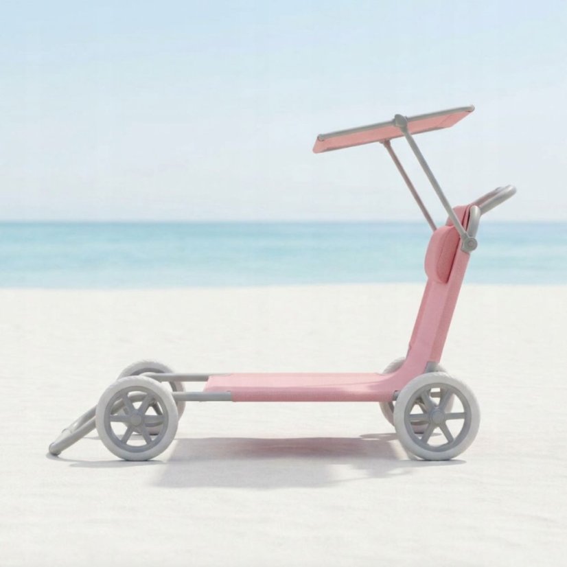 Plážové ležadlo 2v1 s kolieskami a strieškou – skladacie lehátko s vozíkom a vankúšom