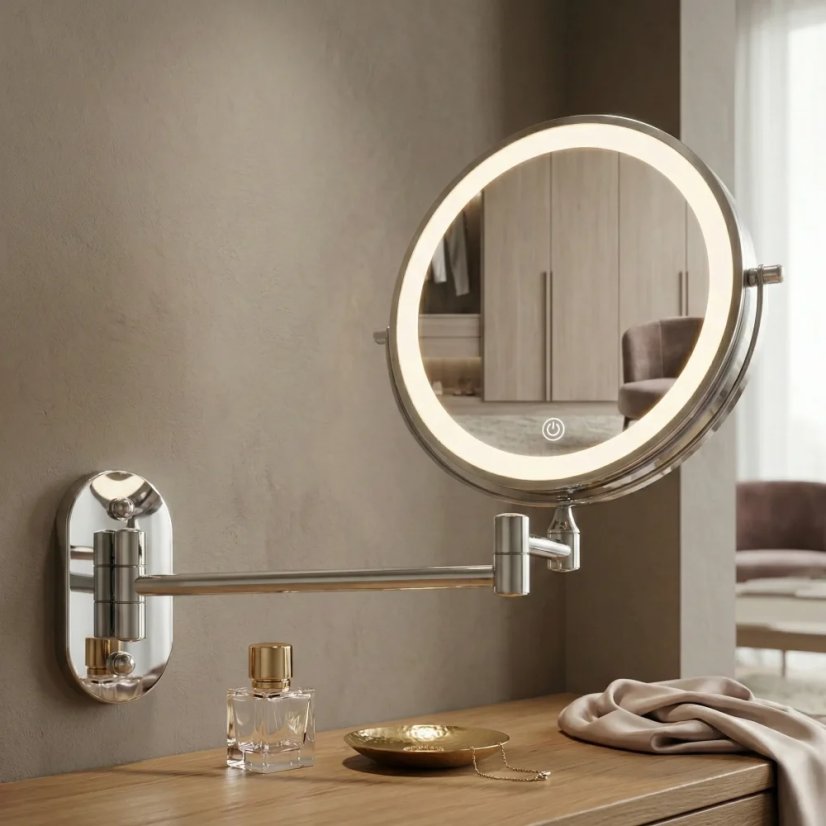 Oglindă de machiaj cu LED-uri, montată pe perete, cu braț extensibil