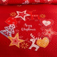 Prešívaný vianočný prehoz na posteľ červený s motívom hviezd a sobov