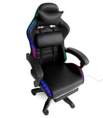 LED herní křeslo se sklopnou opěrkou nohou a masážní funkcí - černá