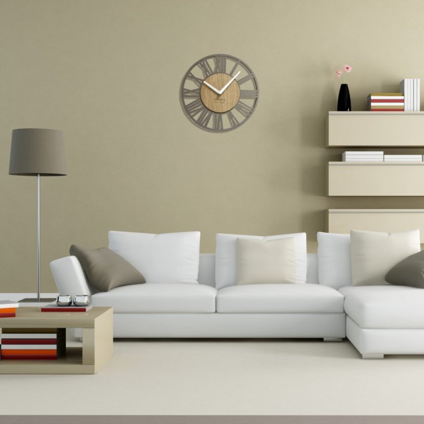 Schlichte graue Wanduhr im Holzdesign