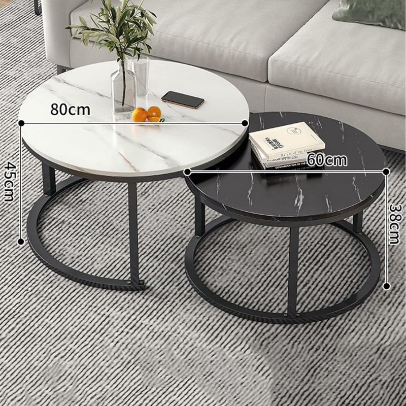 2 kerek dohányzóasztal készlet - fehér és fekete márvány