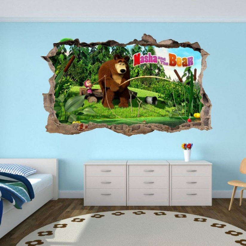 Удивителен детски стикер за стена Маша и мечока на риболов 47x77cm