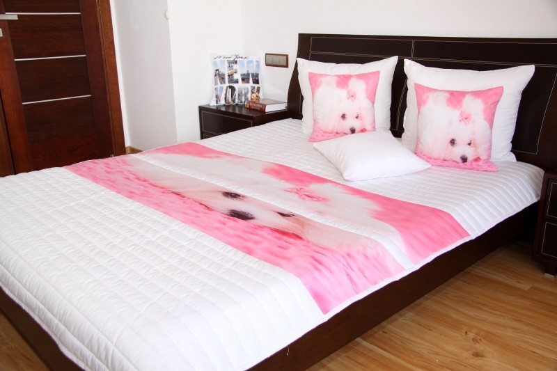 Cuvertură de pat crem roz pentru copii cu model de câine