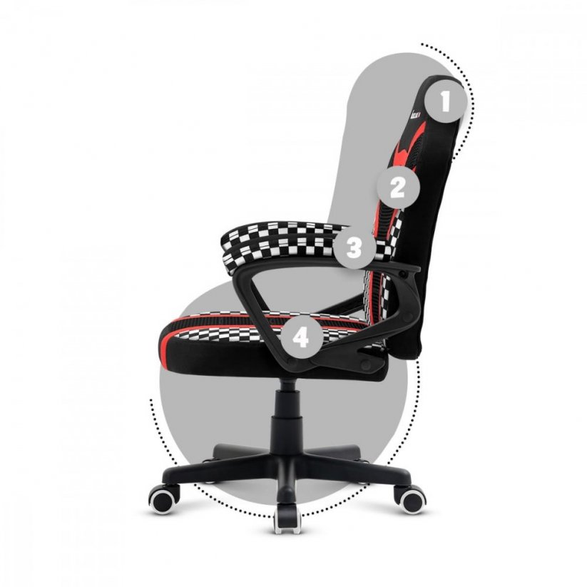 Gyönyörű gyermek gamer szék piros-fekete színben, sakktábla mintával