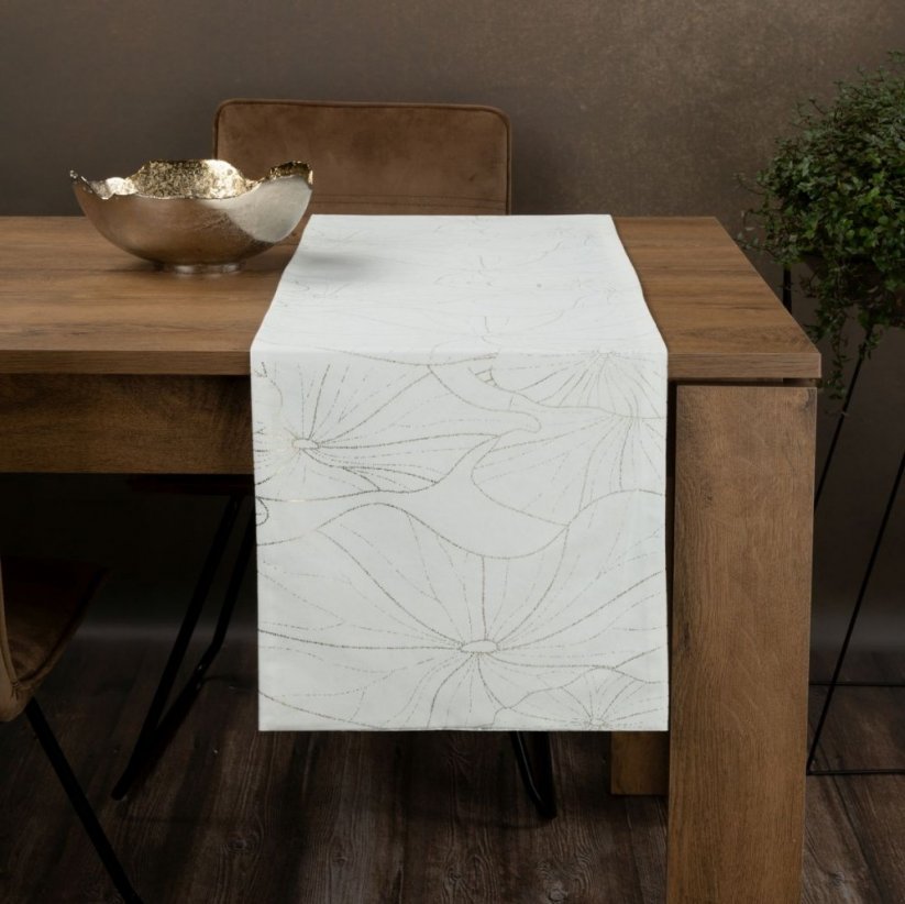Traversa pentru masa din catifea albă cu imprimeu floral - Dimensiunea fețelor de masă: Lățime: 35 cm | Lungime: 220 cm