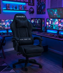 Scaun de gaming negru cu tapițerie din catifea și suport pentru picioare extensibil