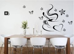 Nálepka na zeď do kuchyně šálek kávy se srdcem a motýly