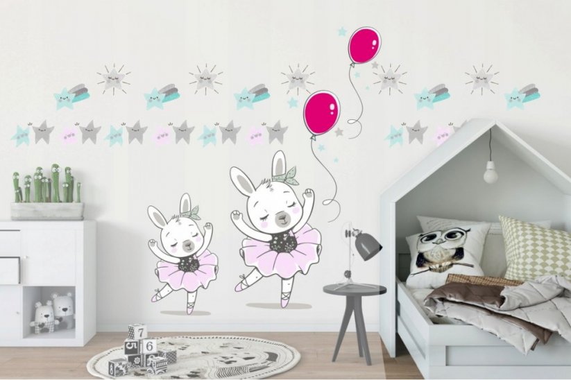 Adesivo da parete per bambina con coniglietti ballerini - Misure: 100 x 200 cm