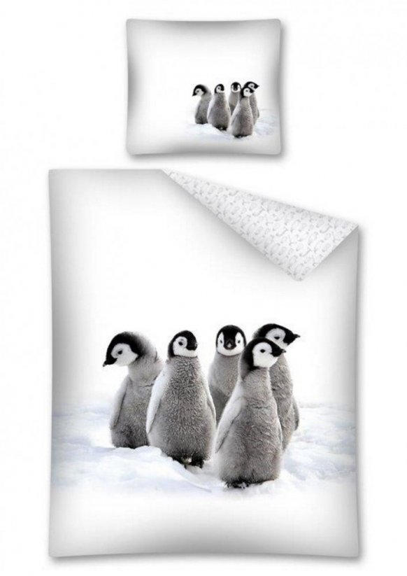 Bílé ložní povlečení s tučňáky do děckého pokoje